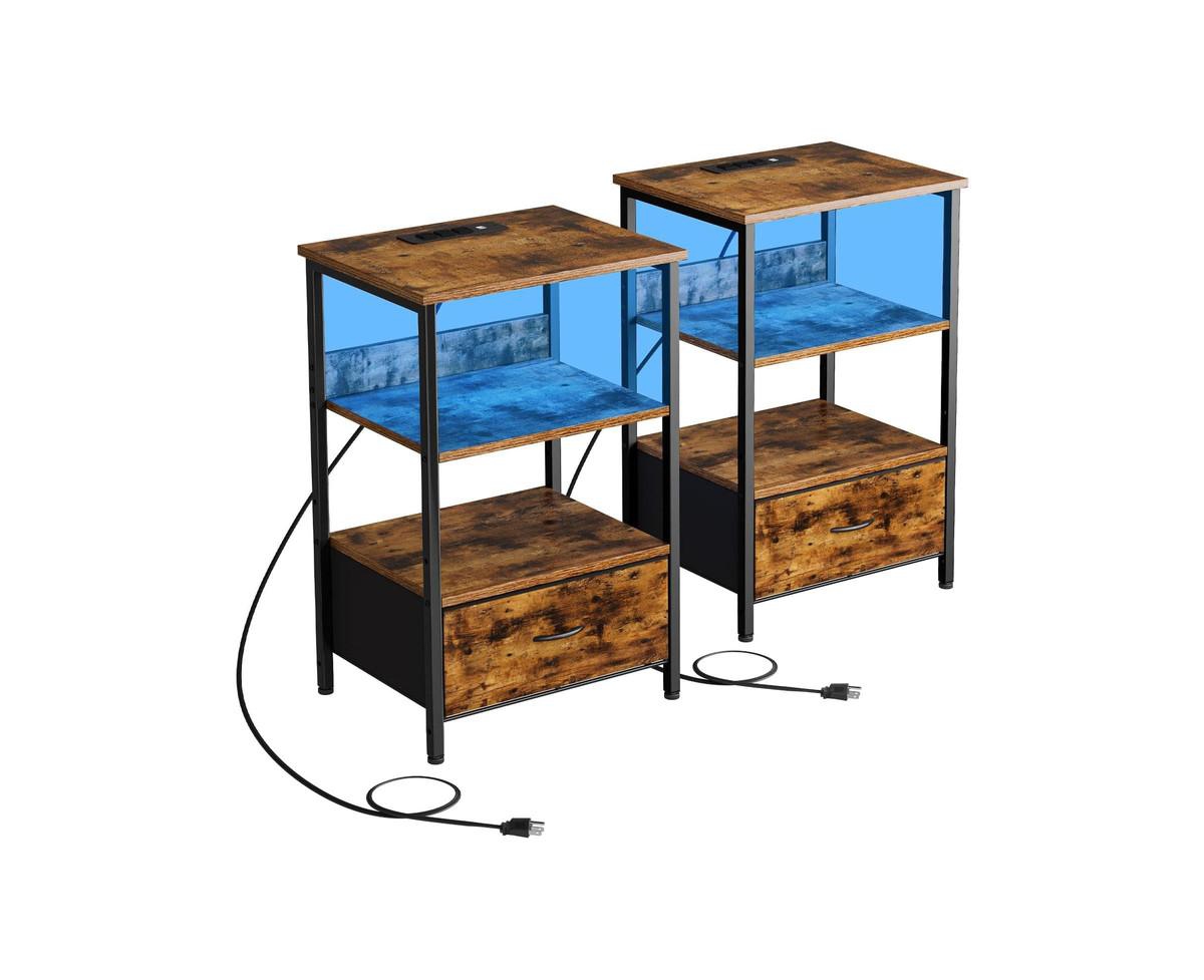 gaomon Nightstand with Charging Station and Dimmable Led Lights,Night Stand with Usb Ports & Outlets, 3-Tier Storage End Table, Bedside Tables for Bed