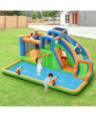 7-in-1 Inflatable Giant Water Park Bouncer with Dual Climbing Walls and 735W Blower