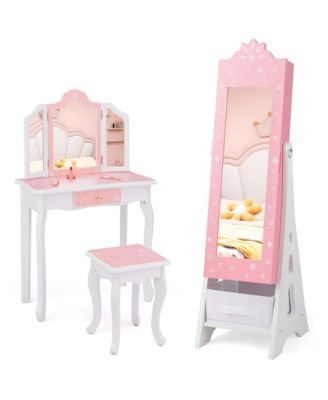 Kids Vanity Set Princess Makeup Dressing Table & Chair Set with Jewelry Armoire