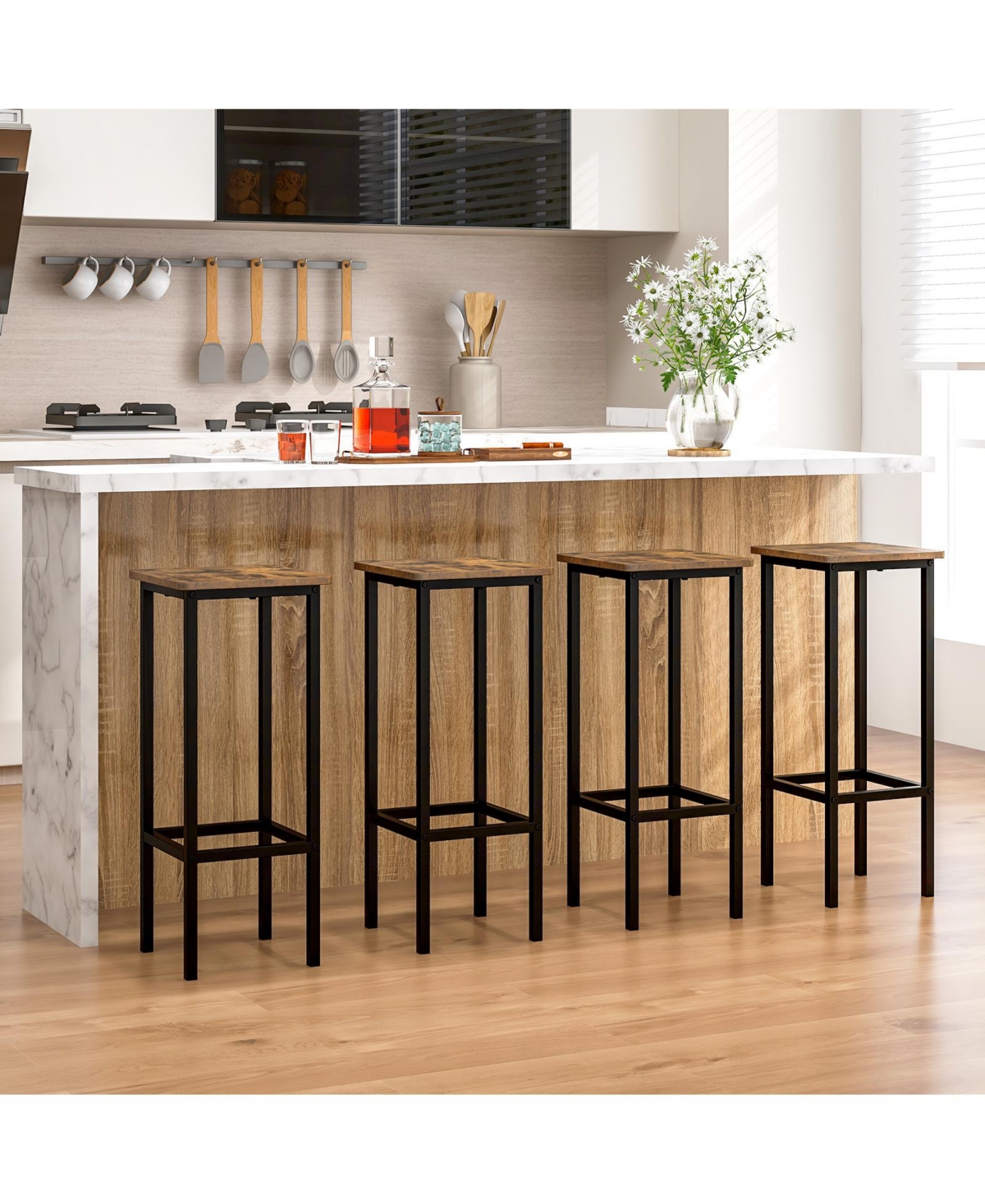 Gouun Set of 4 Bar Stool Set with Metal Legs and Footrest