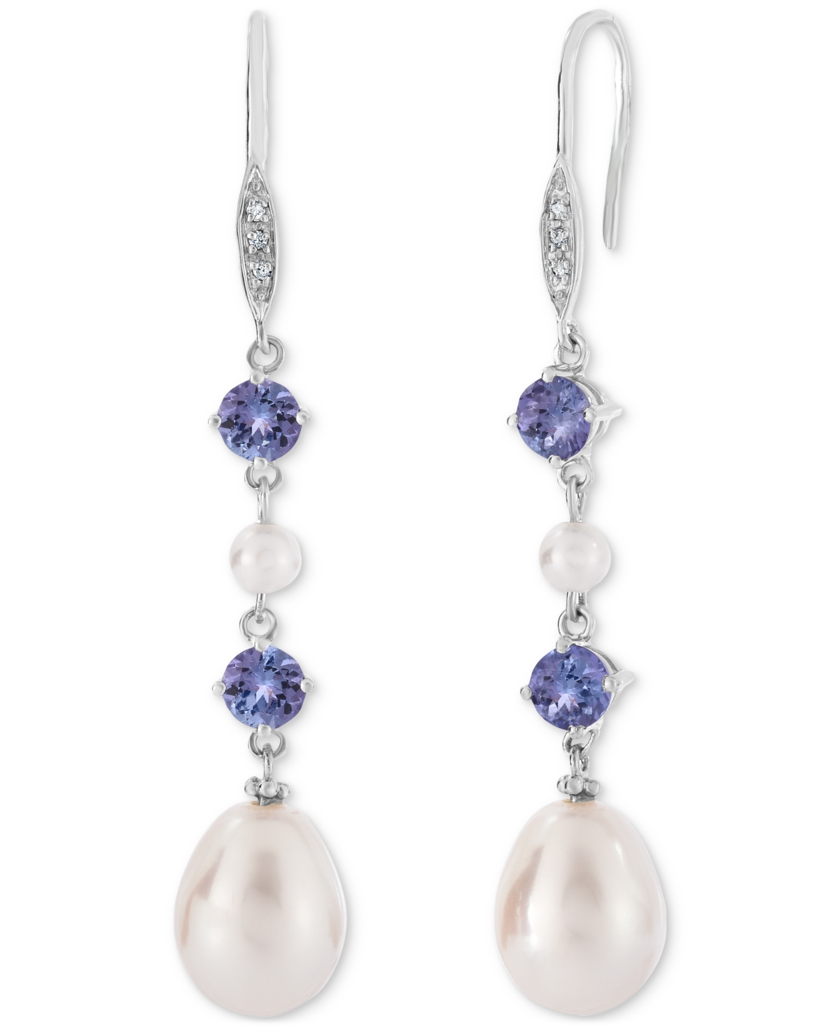 Macy's Tanzanite (1 Ct. T.w.), Cultured Freshwater Pearl (3mm, 10x7mm) & Diamond Accent Linear Drop Earring In Blue