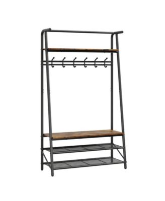 Coat Rack Shoe Bench, 4-in-1 Hall Trees Entryway Bench with Coat Rack and Shoe Rack, Wood Look Accent Furniture Hanging Bar