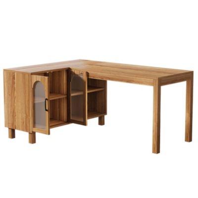 59-Inch L Shaped Computer Desk with Cabinet, Farmhouse Corner Desk with Storage Shelves, L Shaped Executive Desk, Long Writing Desk for Home Office, Gaming