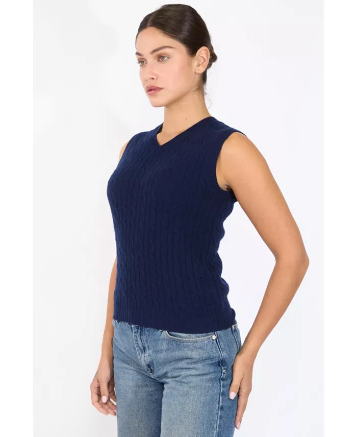 Women's 100% Cashmere V Neck Cable-knit Sweater Vest - thumbnail 8
