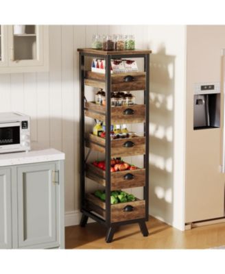 Wood Fruit and Vegetable Storage Rack, 5-Tier Narrow Snack Stand Fruit Basket Kitchen Stand, Pull-Out Utility Organizer for Kitchen