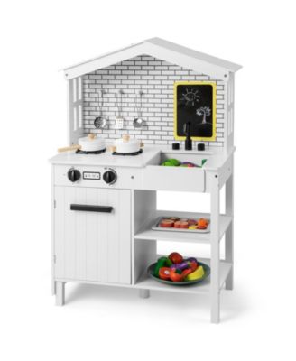 Kids Wooden Kitchen Play Set with Storage Shelves and Accessories