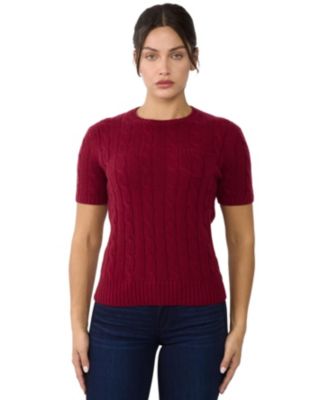 Women's 70% Wool 30% Cashmere Chuncky Cable-knit Crewneck Short Sleeve Sweater