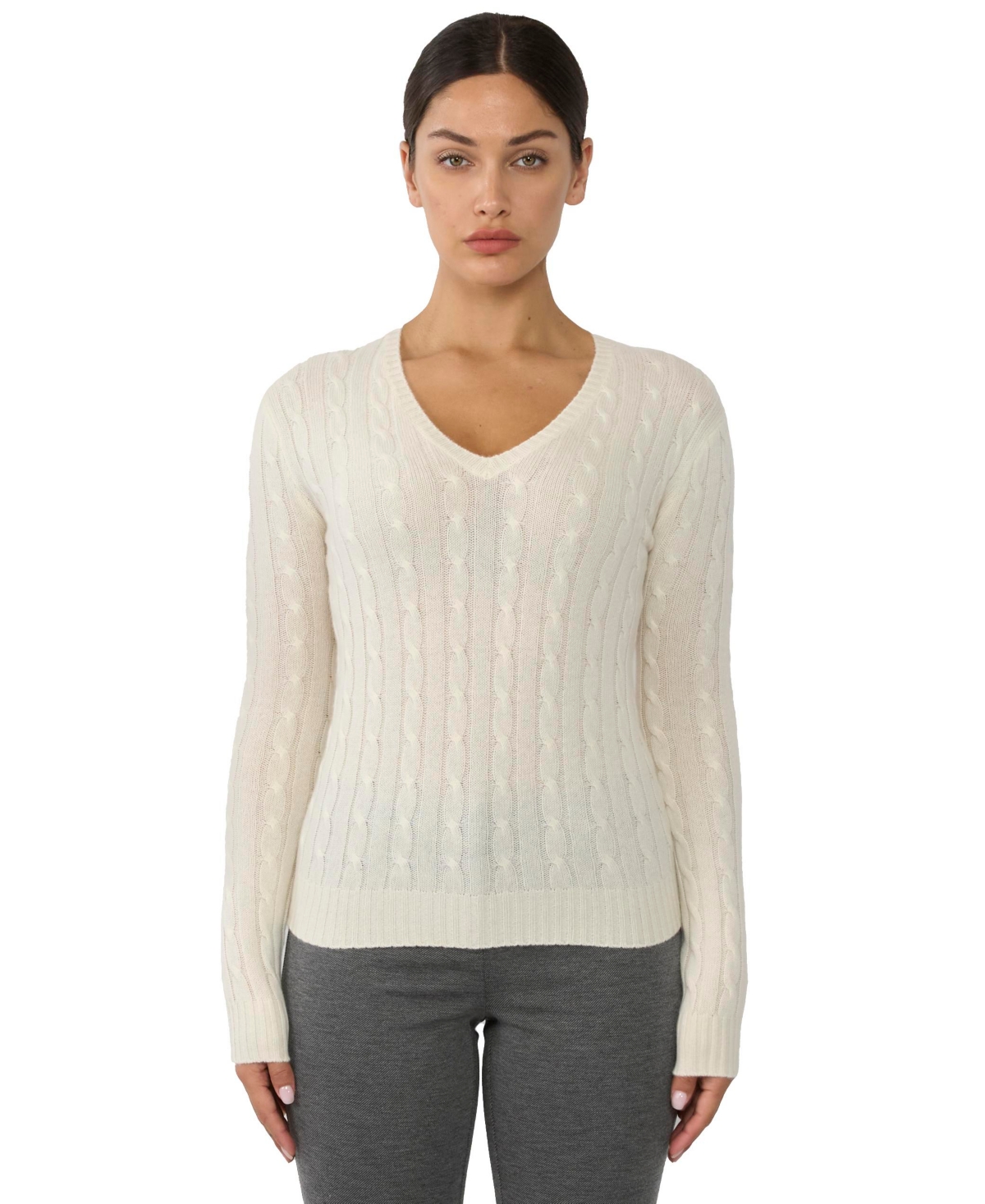 Jennie Liu Women's 100% Cashmere Cable-knit Long Sleeve Pullover V Neck Sweater - Cream