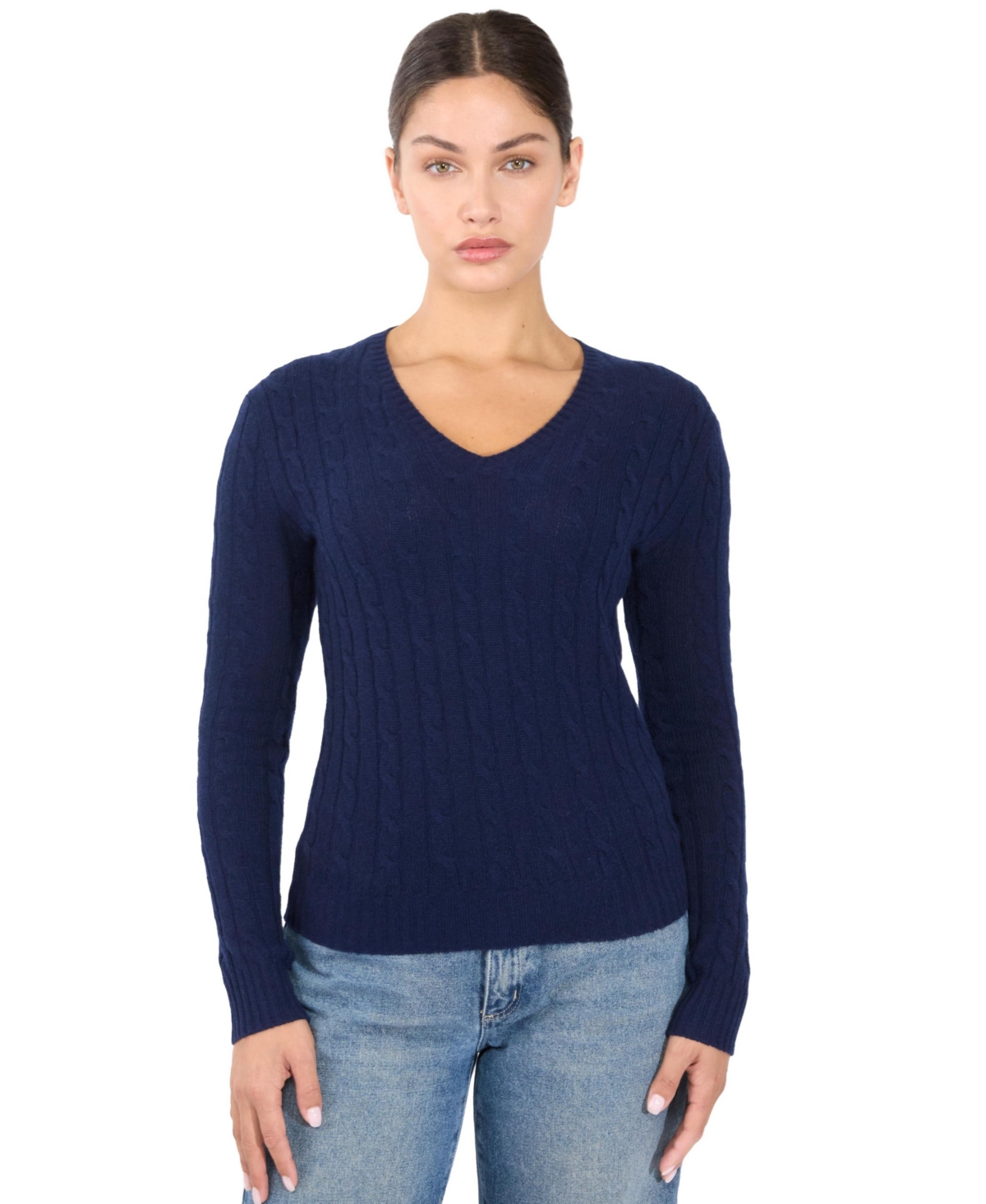 Jennie Liu Women's 100% Cashmere Cable-knit Long Sleeve Pullover V Neck Sweater - Navy