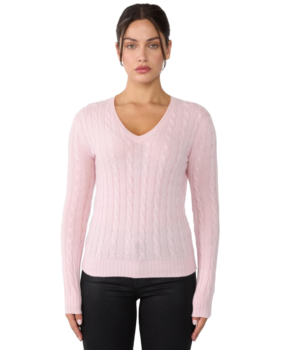 Jennie Liu Women's 100% Cashmere Cable-knit Long Sleeve Pullover V Neck Sweater - Petal pink