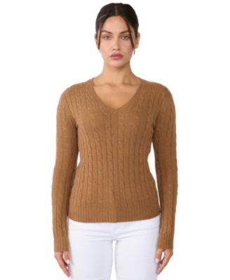 Women's 100% Cashmere Cable-knit Long Sleeve Pullover V Neck Sweater