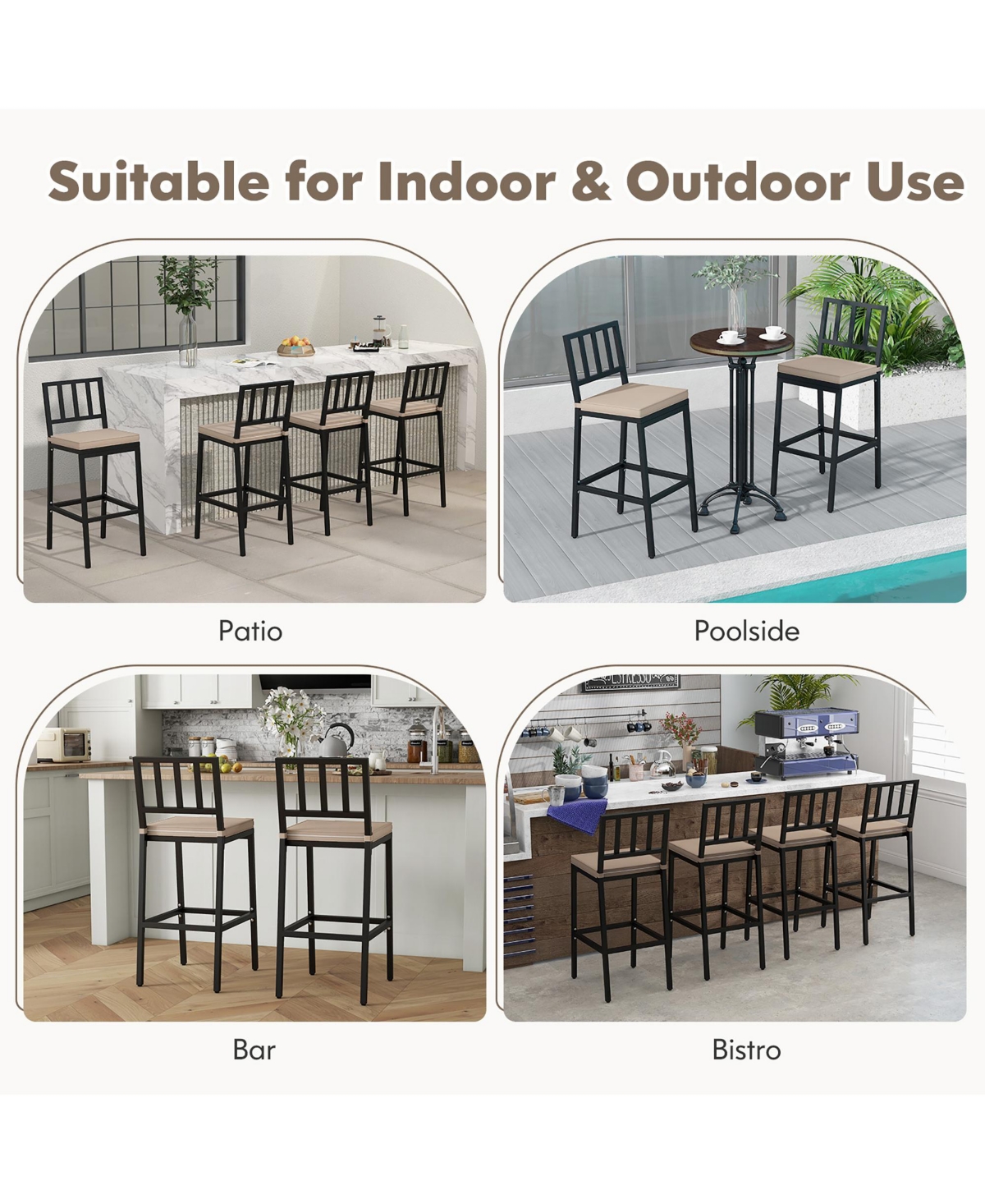 Gymax Patio Bar Chair Set of 2 Heavy Duty Metal All Weather Bar Stools w/ Backrest - Black + beige