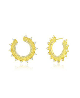  Sterling Silver White Cubic Zirconia Open Sunburst Circle Earrings