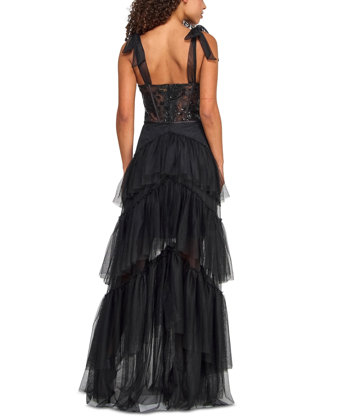 City Studios Juniors' Sequin-corset Tie Shoulder Layered-skirt Gown, Created For Macy's In Black