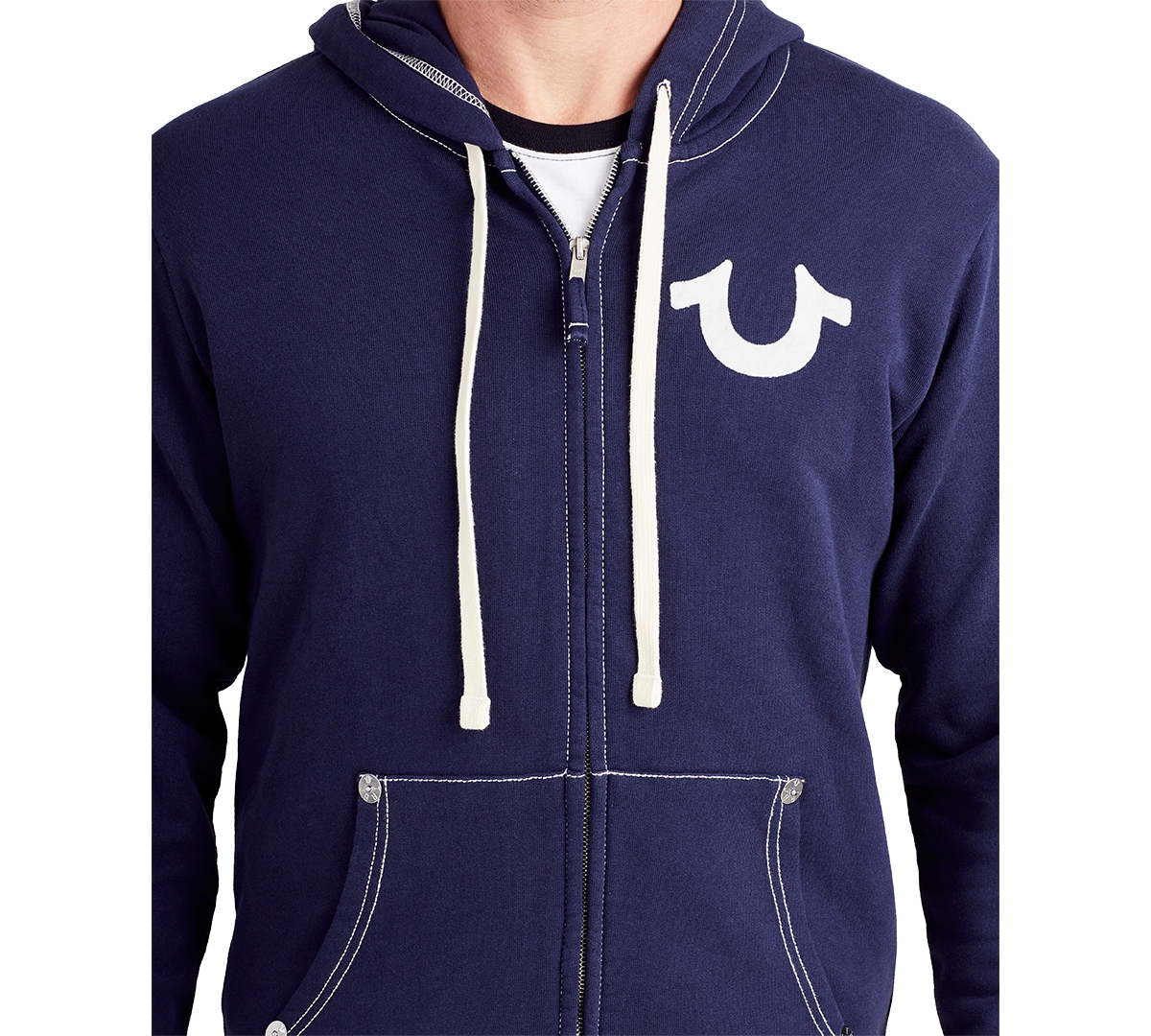 True Religion Men's Classic Logo Zip Up Drawstring Hoodie In True Navy