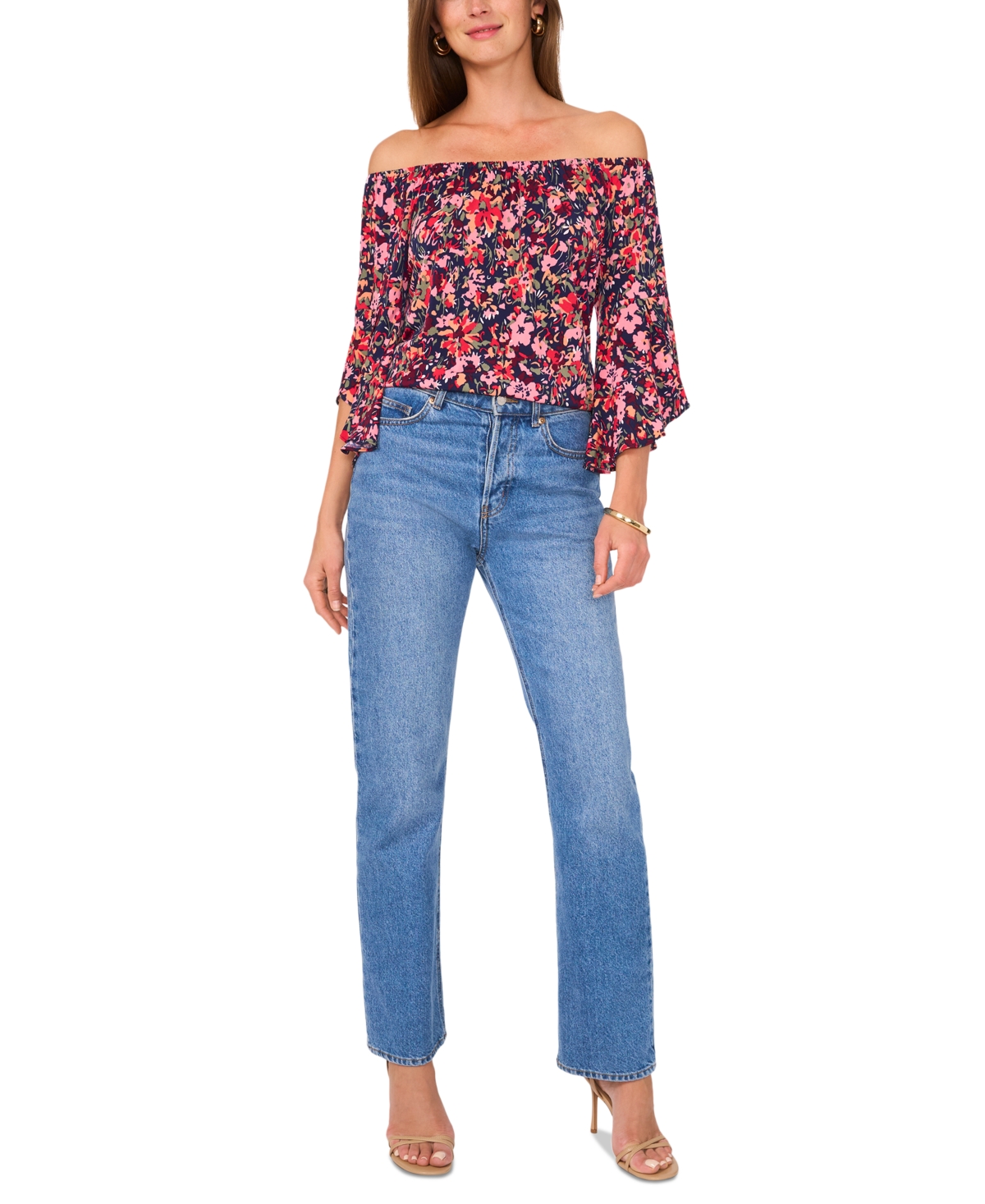 VINCE CAMUTO WOMEN'S FLORAL-PRINT OFF-THE-SHOULDER FLUTTER-SLEEVE TOP 