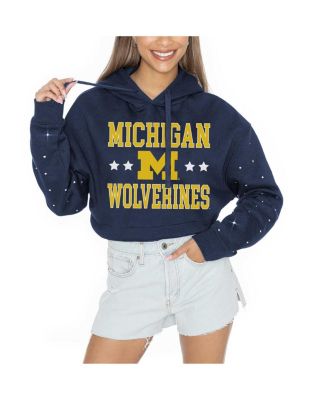 Women's Navy Michigan Wolverines Can't Lose Rhinestone Cropped Pullover Hoodie