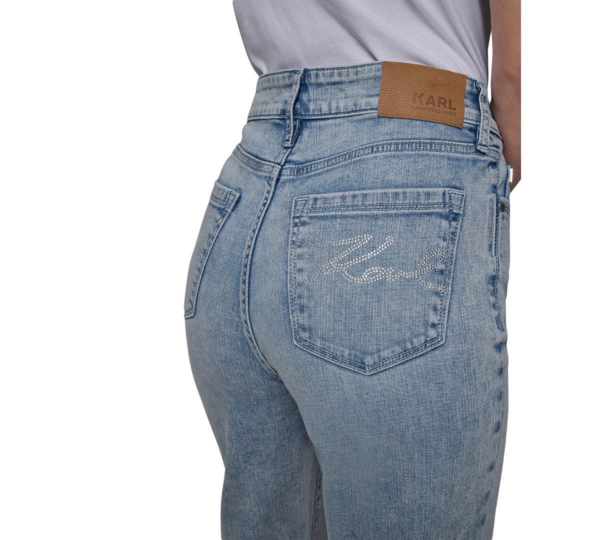Shop Karl Lagerfeld Petite Crystal-cuff Cropped Jeans In Ice Blue Wash