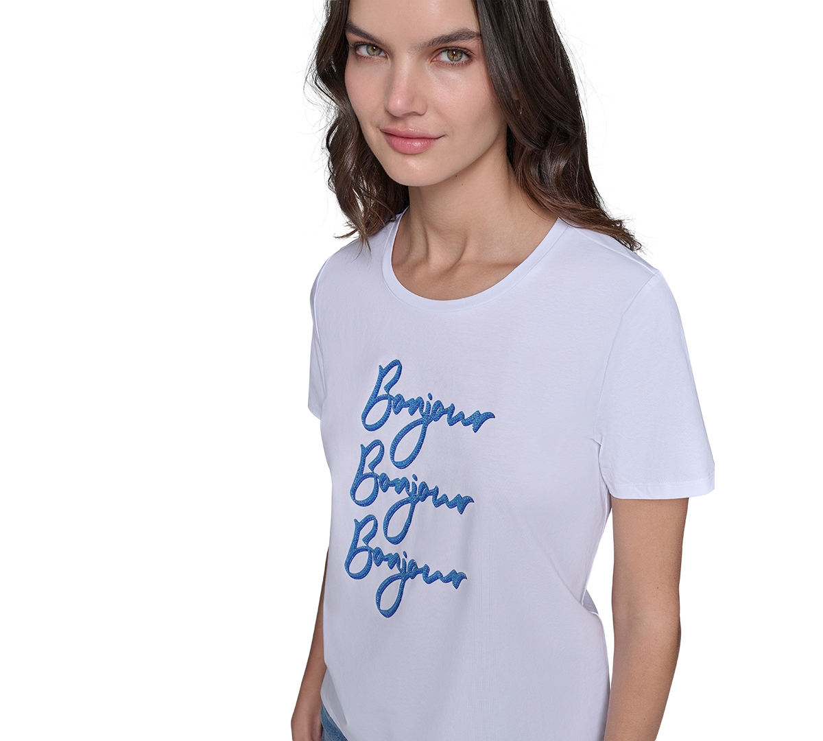 Karl Lagerfeld Paris Petite Bonjour Embellished Crewneck T-Shirt -Blue