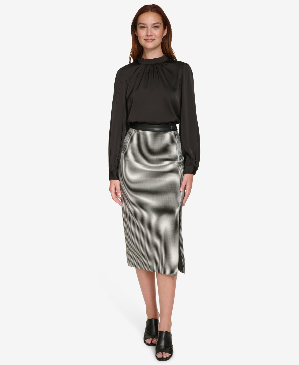 Calvin Klein Women's Houndstooth Long Pencil Skirt -cream