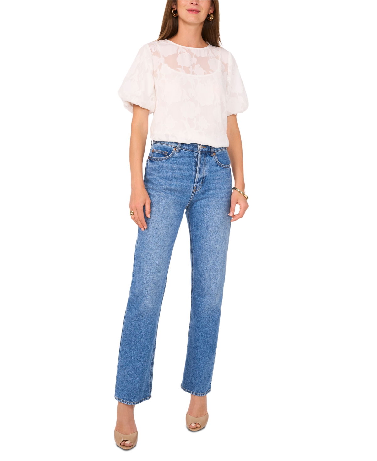 VINCE CAMUTO WOMEN'S FLORAL-JACQUARD PUFF-SLEEVE TOP 
