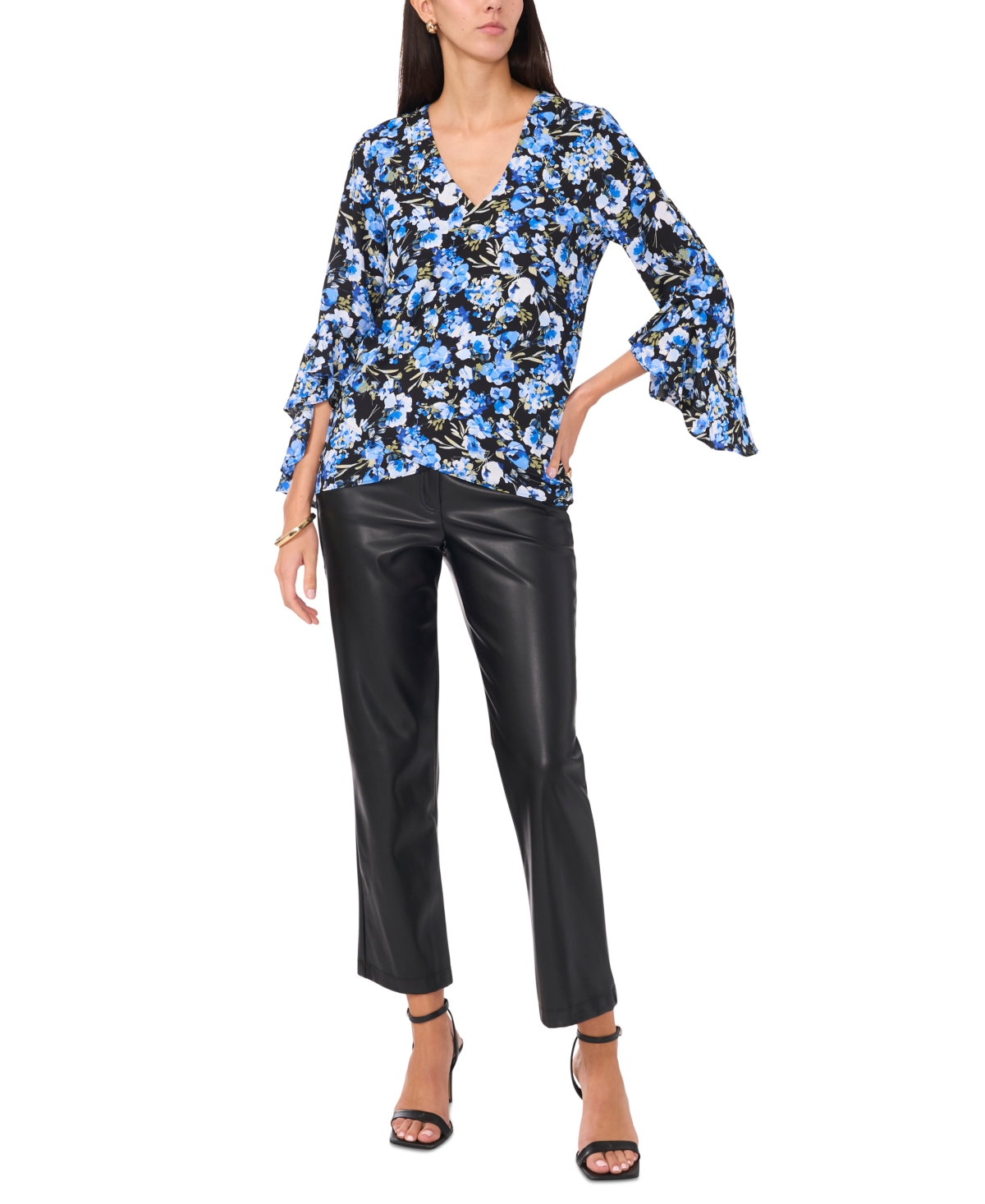 VINCE CAMUTO WOMEN'S FLORAL V-NECK 3/4-FLUTTER-SLEEVE BLOUSE 