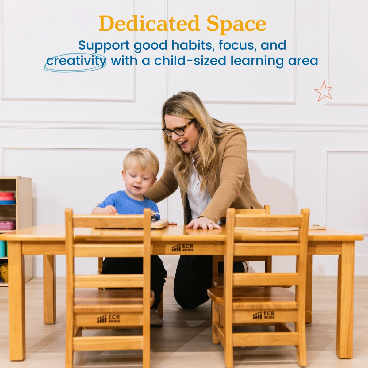 ECR4Kids 24in x 48in Rectangular Hardwood Table with 16in Legs and Four 8in Chairs,- Honey