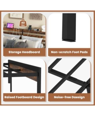 Full Size Bed Frame with Charging Station and Storage Headboard