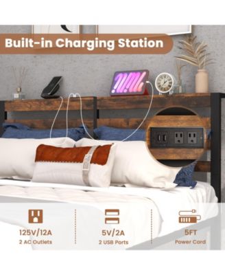 Full Size Bed Frame with Charging Station and Storage Headboard