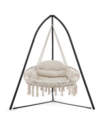 Hand-Woven Rope Hanging Chair with Thick Cushion and Folding Metal Frame