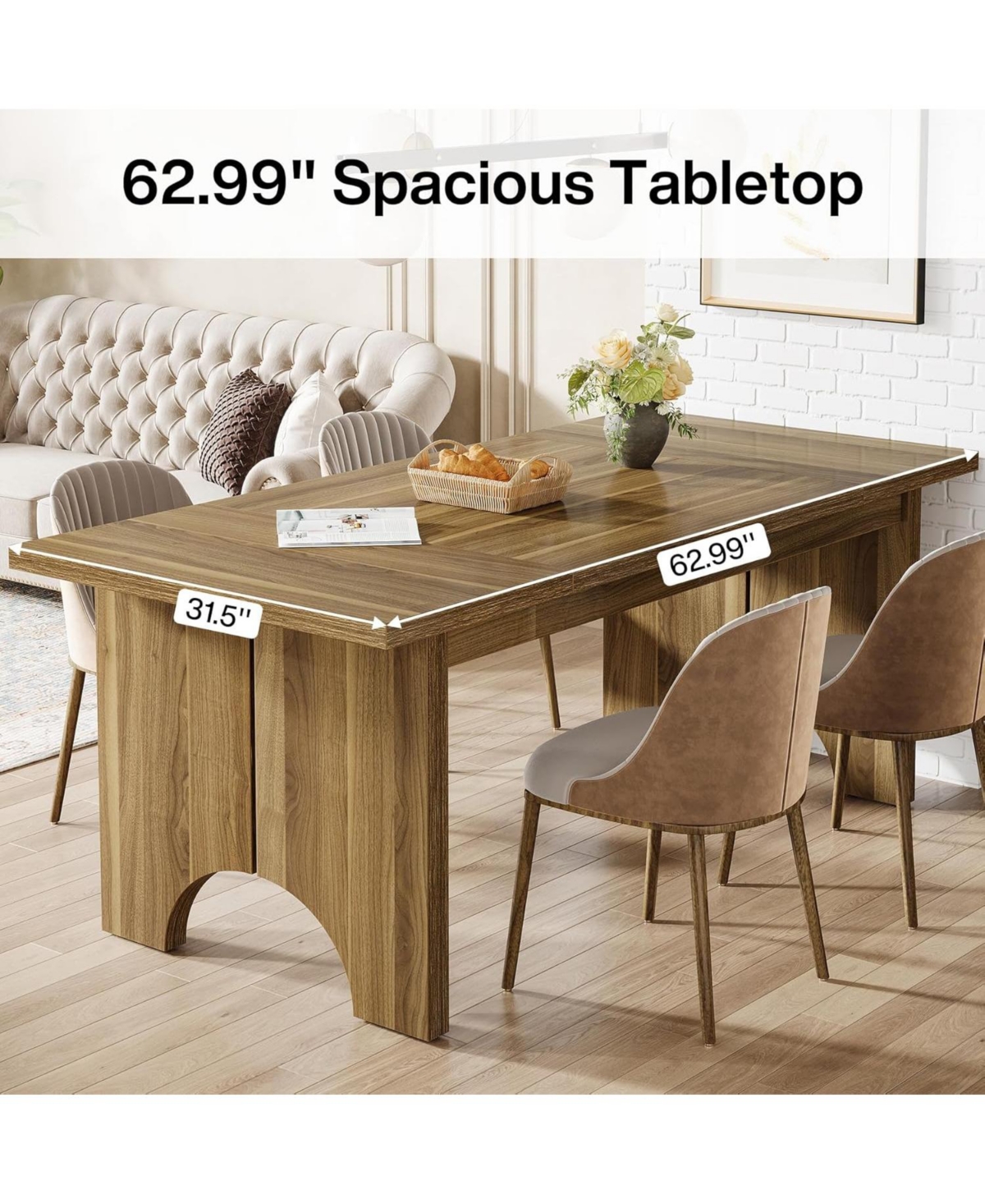 Tribesigns 63-Inch Dining Table for 6 People, Farmhouse Wood Kitchen Table with Double Pedestals, Rectangle Dinner Table for Kitchen, Dining Roo