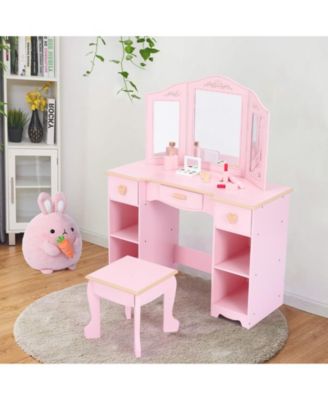 1Pc Tri-Fold Mirror, 3 Drawers, 2-Tier Shelves, Stool, Vintage Style, Pretend Play Kids Vanity Set