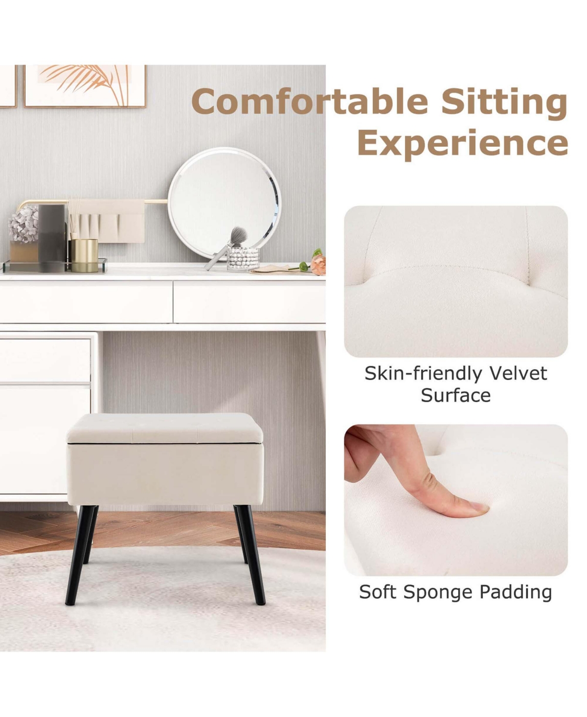 Costway Velvet Vanity Stool Ottoman with Storage Solid Wood Legs Flip-Up Top for Entryway -khaki