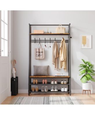 Coat Rack Shoe Bench, 4-in-1 Hall Trees Entryway Bench with Coat Rack and Shoe Rack, Wood Look Accent Furniture with Steel Frame Storage Shelf and Hanging Bar, Industrial