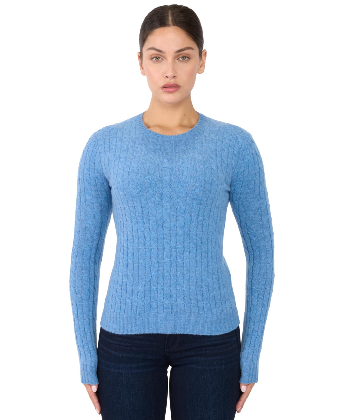 Jennie Liu Women's 100% Cashmere Cable-knit Long Sleeve Pullover Crew Neck Sweater