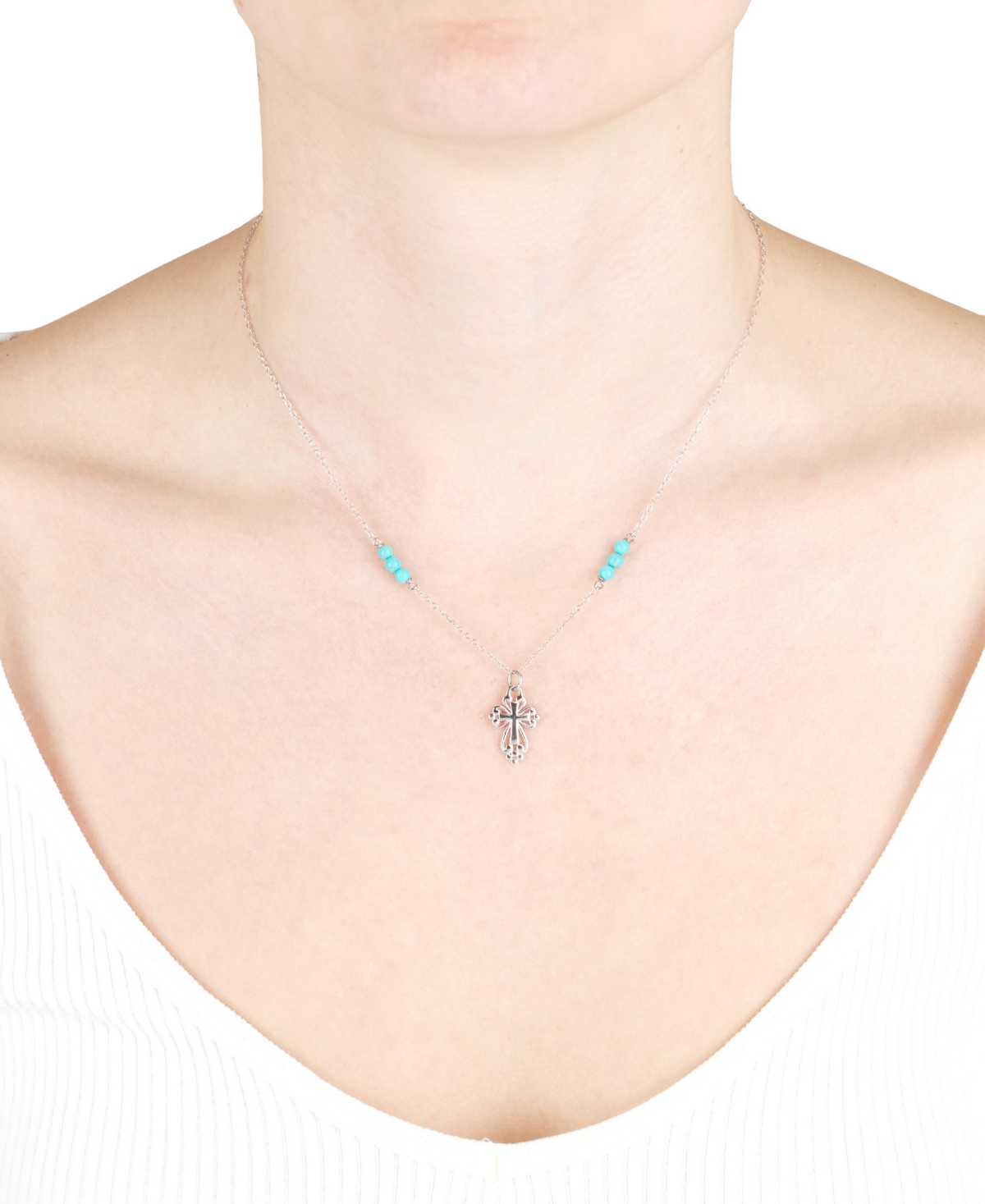 Macy's Simulated Turquoise Openwork Cross Pendant Necklace, 16" + 2" Extender In Turquoise