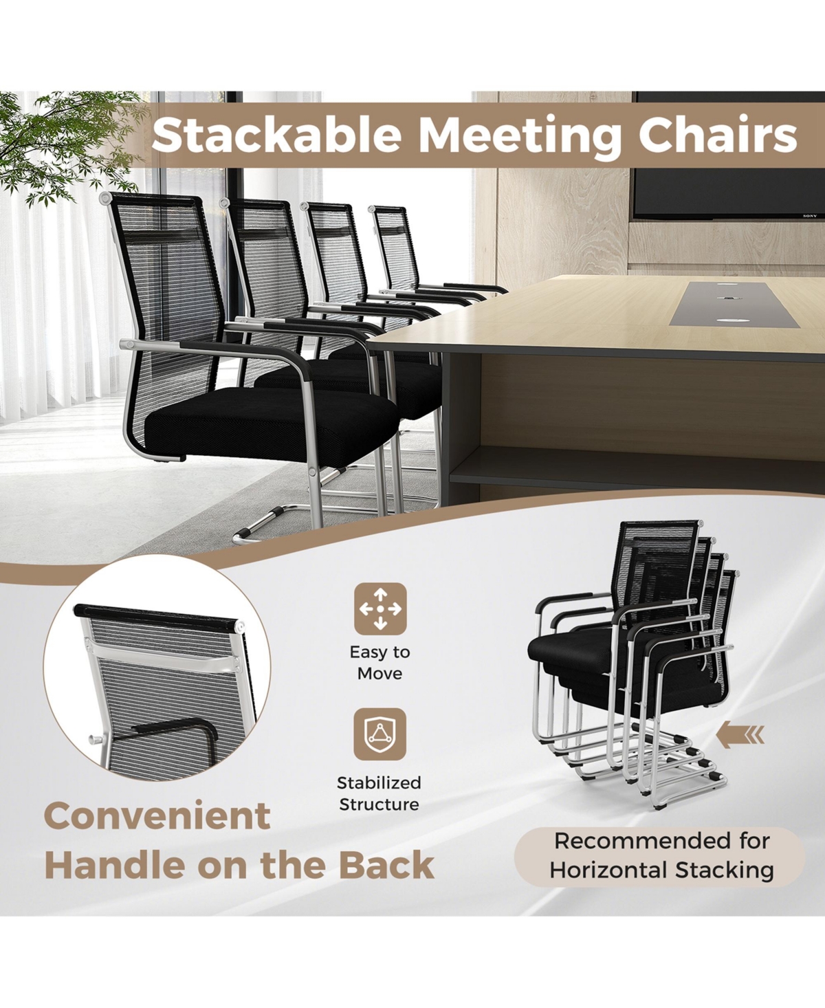 Costway Office Guest Chairs Set of 4 with Metal Sled Base & Armrests Mesh Reception Chair