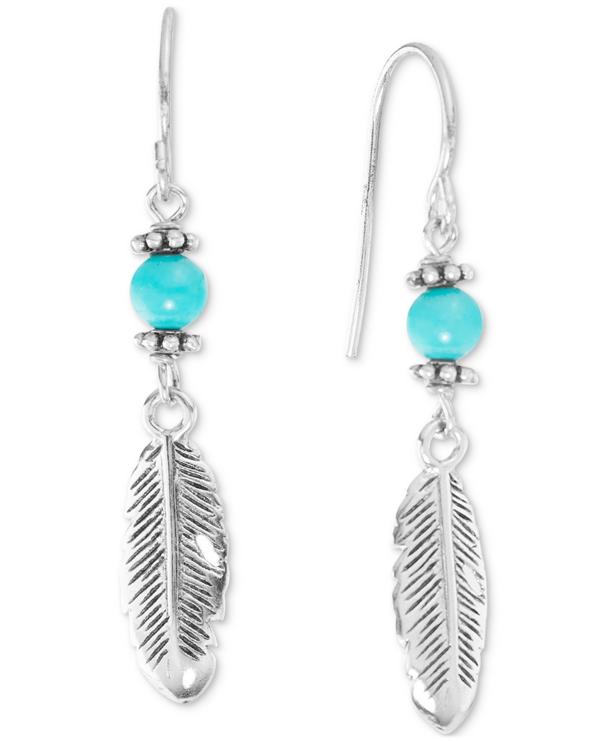Macy's Simulated Turquoise (13mm) & Leaf Linear Drop Earrings In Sterling Silver In Turquoise