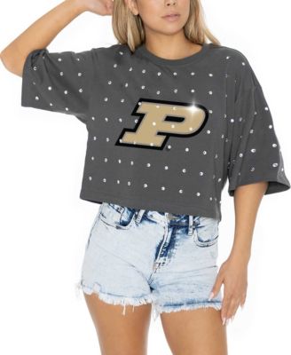 Women's Gray Purdue Boilermakers Go Time Rhinestone Crop T-Shirt