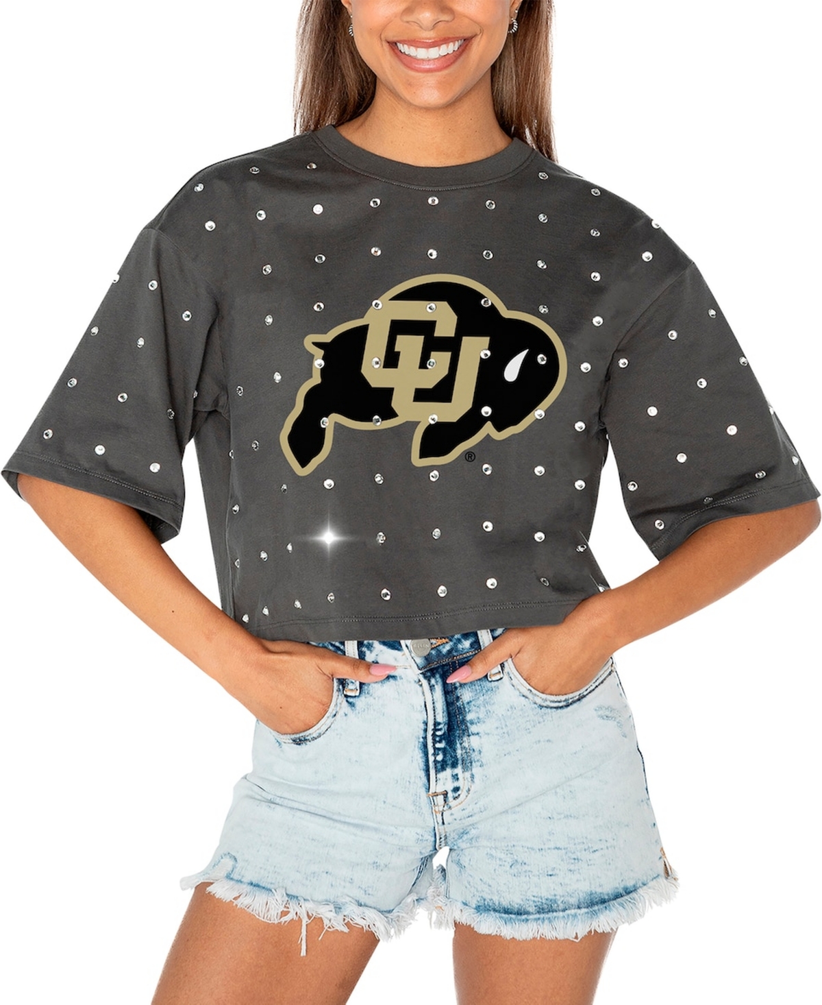 Shop Gameday Couture Women's Gray Colorado Buffaloes Go Time Rhinestone Crop T-shirt
