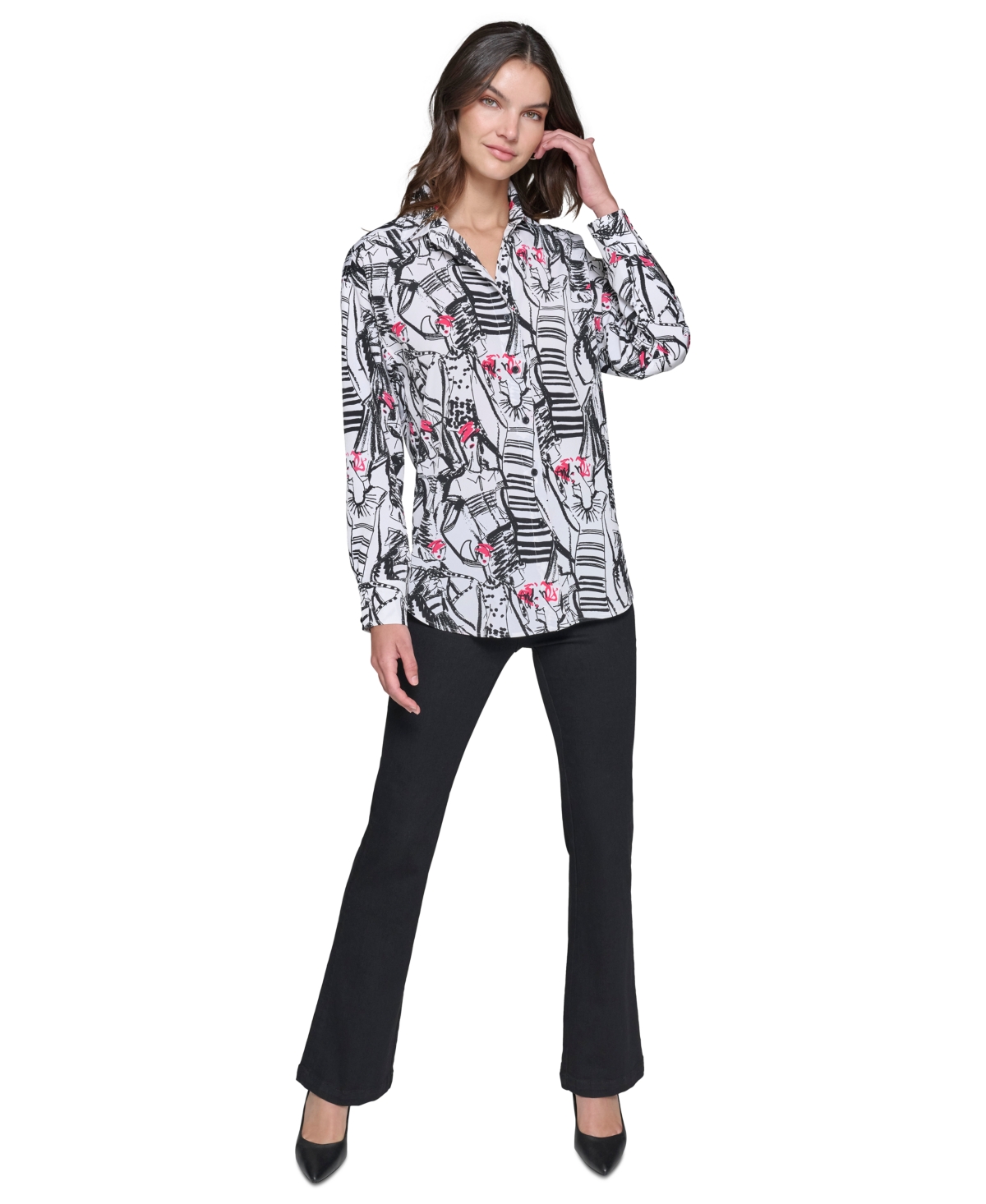 Karl Lagerfeld Paris Women's Printed Oversized Button-Front Top - Soft White  Teaberry