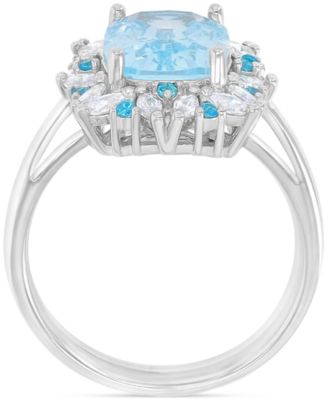 Blue & White Cubic Zirconia Mixed Cut Halo Ring in Sterling Silver