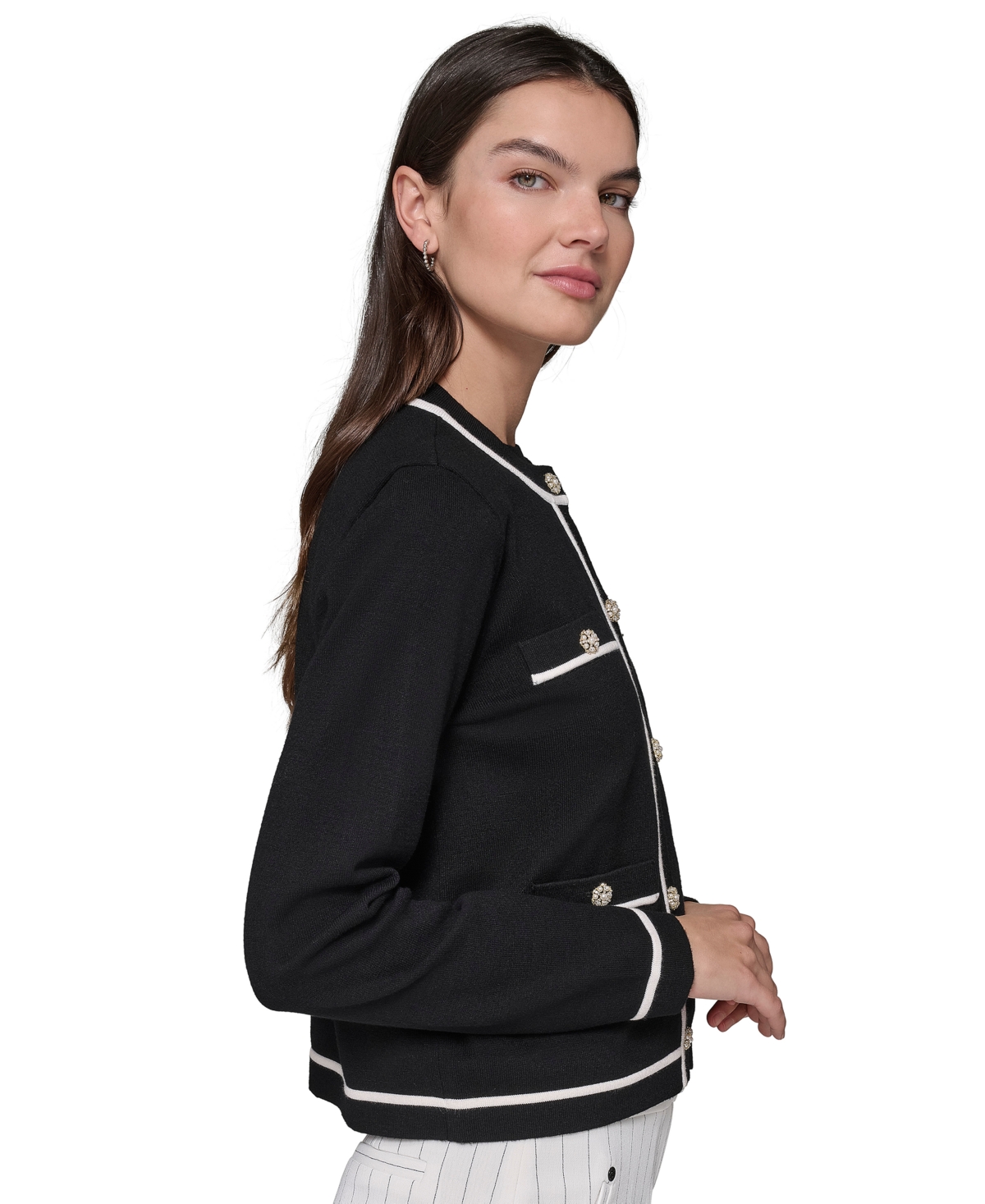 Karl Lagerfeld Petite Embellished-button Tipped Cardigan Sweater In Black