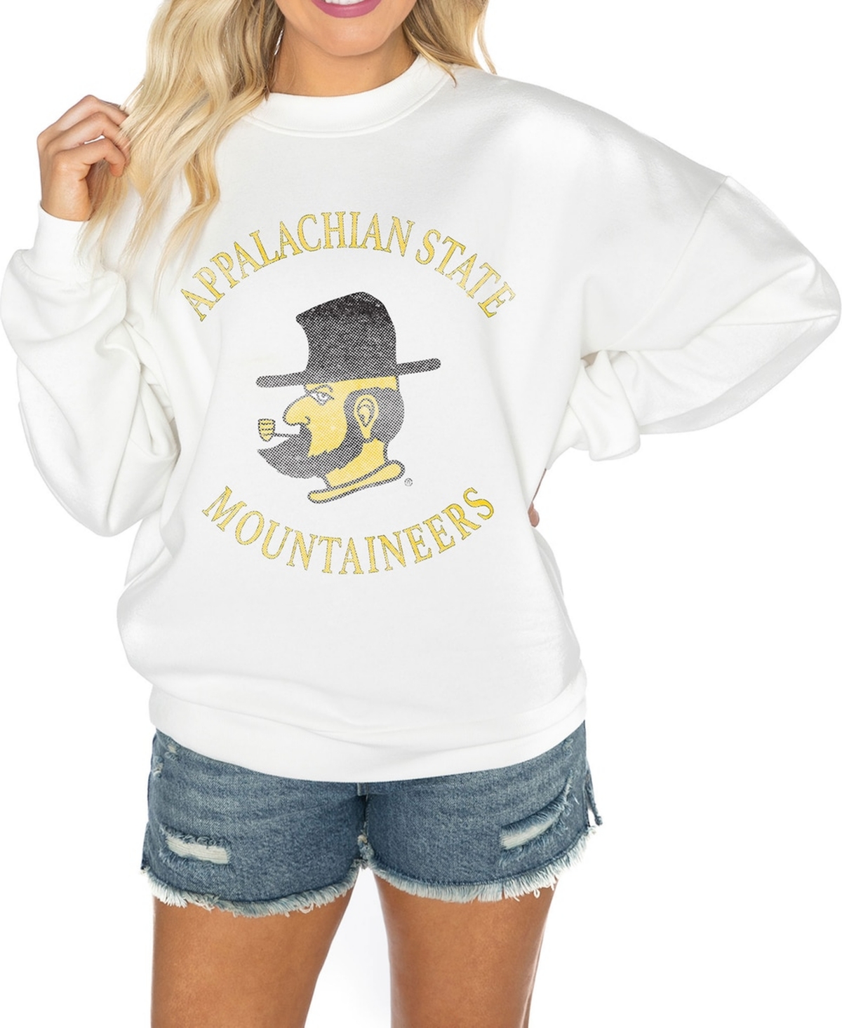 GAMEDAY COUTURE WOMEN'S WHITE APPALACHIAN STATE MOUNTAINEERS GOOD VIBES PREMIUM FLEECE DROP SHOULDER PULLOVER SWEATS 