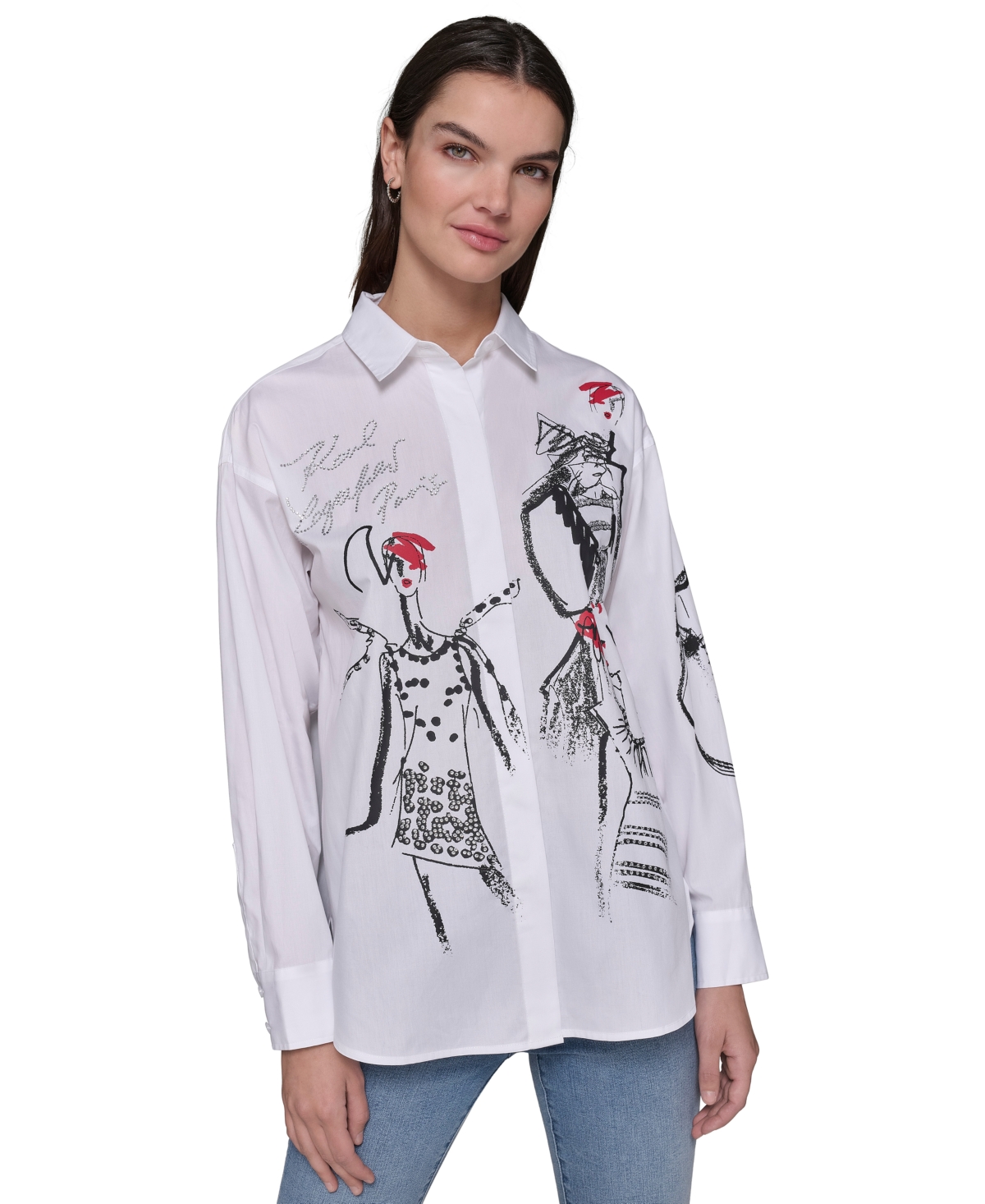 Shop Karl Lagerfeld Women's Cotton Poplin Sketch Girl Button-front Top In White