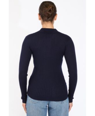 Women's Tissue Weight Cashmere Silk Rib-knit Johnny Collar Polo Sweater