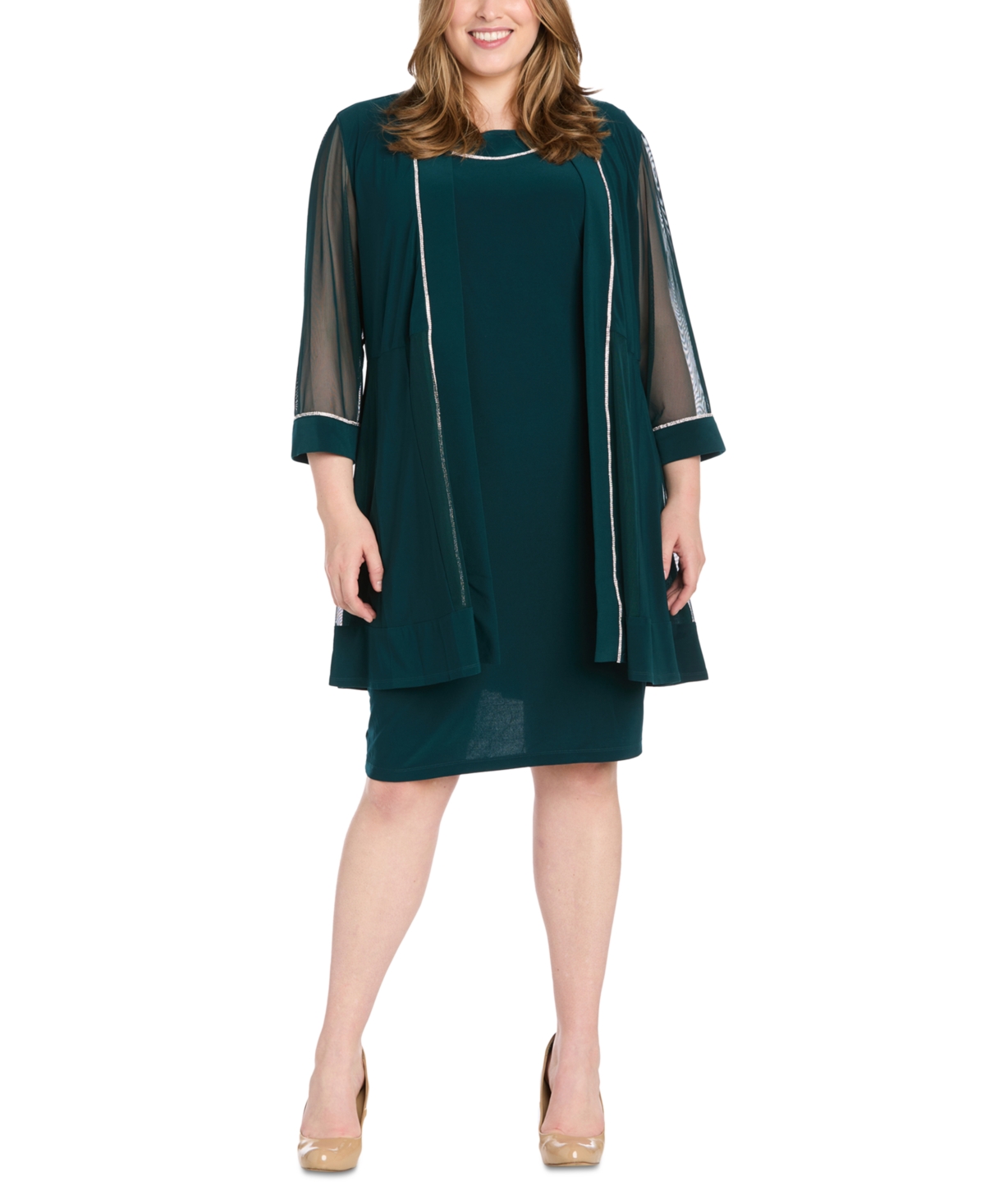Plus Size Rhinestone-Trim Jacket & Sheath Dress - Dark Green