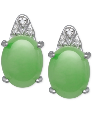 image of Jade (8mm x 10mm) and Diamond Accent Stud Earrings in Sterling Silver