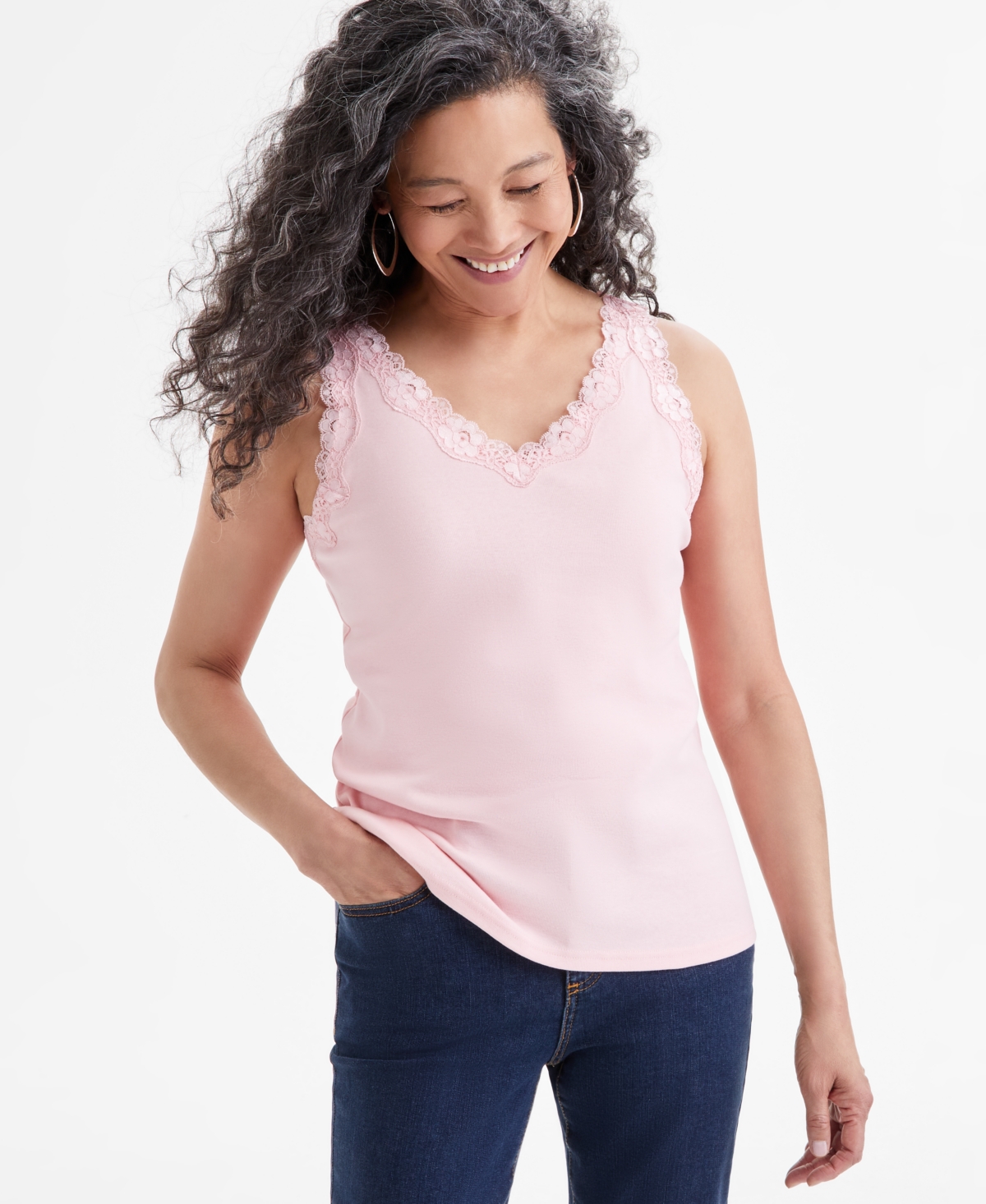 Style & Co Women's Lace-trim Cotton Tank Top, Created For Macy's In Peachy Pink