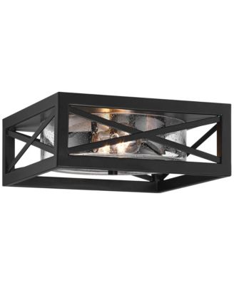 Drake 12" Modern Industrial Flush-Mount Ceiling Light Fixture Kitchen Foyer Hallway Round 2-Light Black Clear Seeded Glass Metal Bedroom Bathroom Entryway Living Room Indoor Mini
